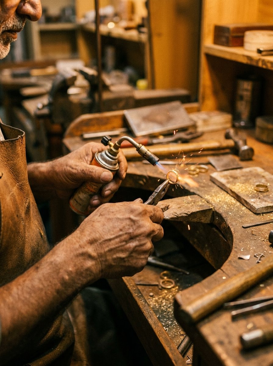 A goldsmith soldering a gold bangle at the workbench